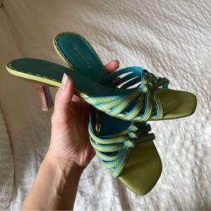 Blue and green kitten heel